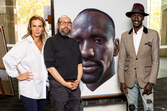 Actor and presenter Rachel Griffiths, painter Nick Stathopoulos and subject Deng Adut in Finding The Archibald.