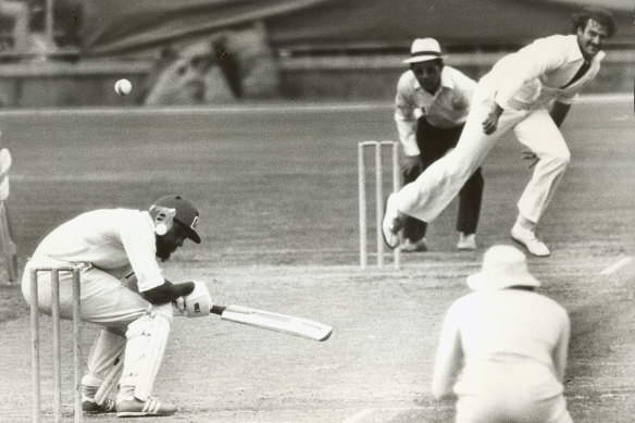 Dennis Lillee plays against Andy Roberts of the West Indies in one of the early SuperTests of World Series Cricket.