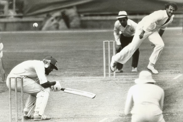 Dennis Lillee bowls to the West Indies’ Andy Roberts in one of the early SuperTests during World Series Cricket.