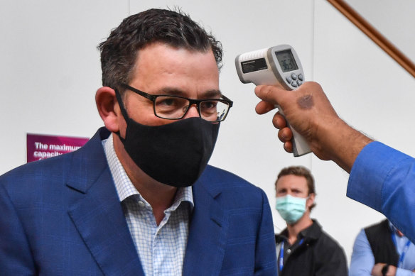 Premier Daniel Andrews prepares for his announcement at the Doherty Institute on Friday.