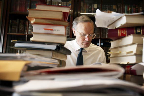 Justice Dyson Heydon in his Sydney chambers after being appointed to the High Court in 2002.