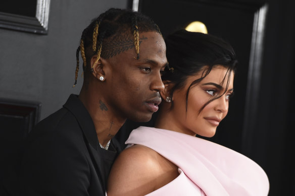 Travis Scott and Kylie Jenner arrive at the 2019 Grammy Awards.