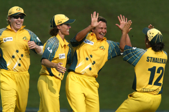 Lisa Sthalekar, right, celebrates after running out India’s Anjum Chopra, during the 2005 Women’s Cricket World Cup Final. 