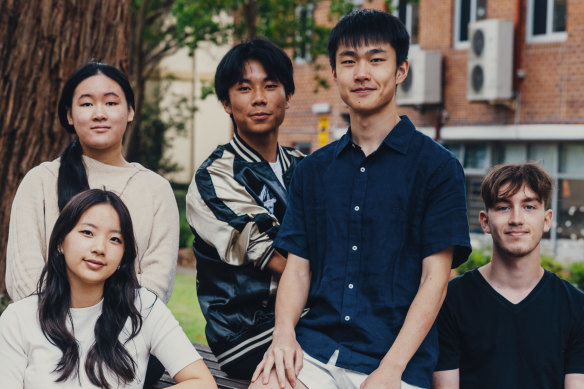 James Ruse Agricultural High School students Julia Zheng (back left 99.95 ATAR), school captain Nara Gong, Warren Song (99.95), Yutong Duan (99.95) and Noah Vassallo, school captain, have received their final results.