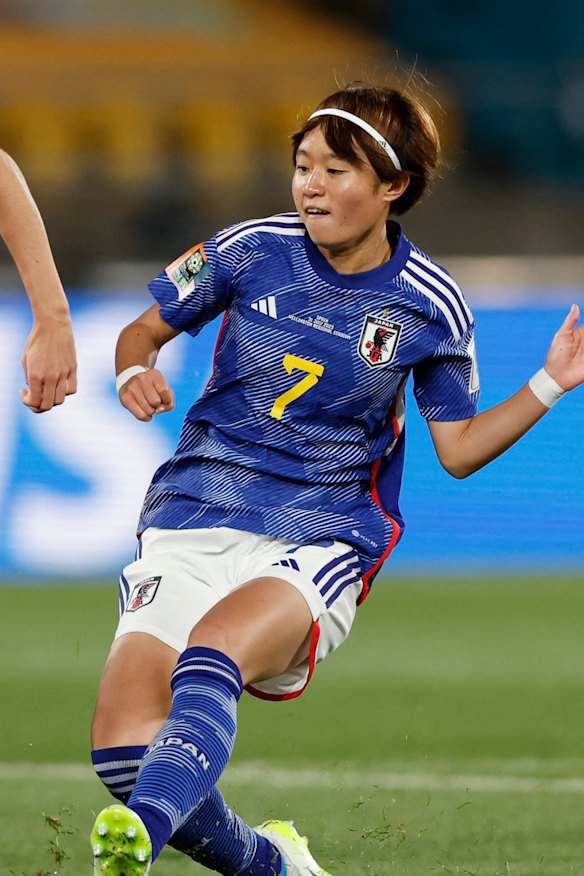 Hinata Miyazama on her way to scoring against Spain.