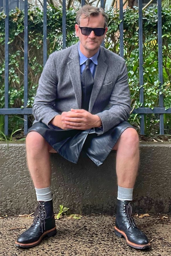 Acting national fashion editor Damien Woolnough finds the Brad Pitt within, wearing a skirt from Dangerfield.