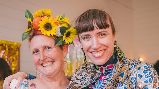 Annie Werner (left) with friend and mortality doula Sarah Barry at Werner’s “living wake” last year. 