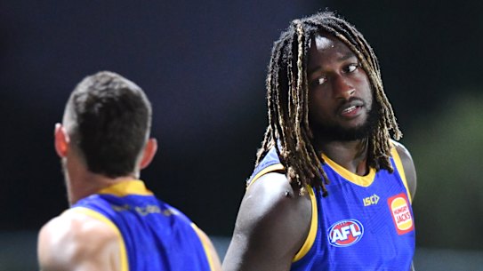 Nic Naitanui at a West Coast training session on the Gold Coast this week.