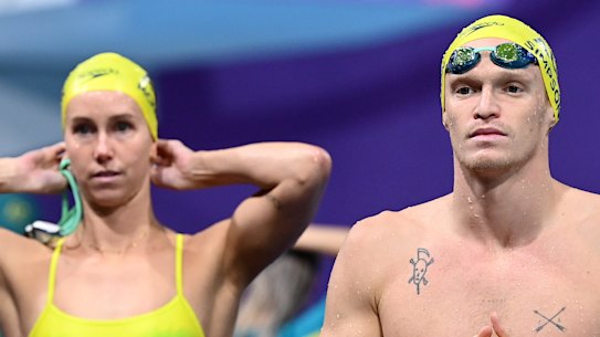 Emma McKeon and Cody Simpson at the pool in Birmingham.