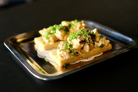 Farinata with fried octopus and nduja mayonnaise.