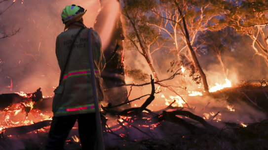ACT Rural Fire Service and ACT Parks and Conservation tackling the North Black Range Bushfire northwest of Braidwood, NSW, on Thursday 5 December 2019.  fedpol Photo: Alex Ellinghausen