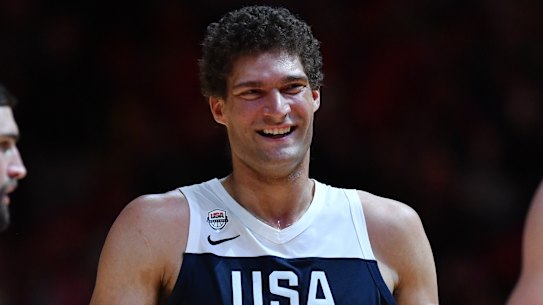 "It was unreal": Brook Lopez laughs as he is subbed back into the USA's win over Canada in Sydney.