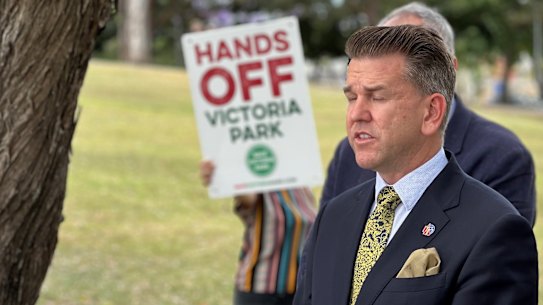 Hands off: Deputy Premier Jarrod Bleijie was greeted with Save Victoria Park protesters at his media call on Wednesday.