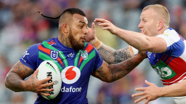 Addin Fonua-Blake is stopped by the Knights defence.