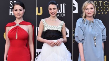 Red, white and blue. Selena Gomez in Louis Vuitton, Margaret Qualley in Chanel and Kirsten Dunst in Julie de Libran at the Critics Choice Awards.