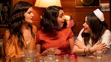 Viswanathan (centre) with co-stars Phillipa Soo and Molly Gordon.