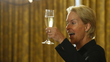 Nobel chemistry winner Frances Arnold toasts at the California Institute of Technology in Pasadena.