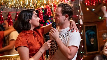 In the film, Viswanathan plays a broken-hearted woman who sets up a gallery of  items from previous relationships in Nick's (Montgomery) new hotel space.