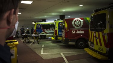 Ambulances “ramping” at the Royal Melbourne Hospital.