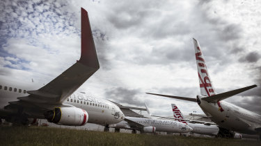 Grounded Virgin Airline planes at Melbourne airport after it was announced the airline will go into receivership.