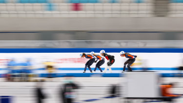 Competitors in the Speed Skating China Open last year, part of the 2022 Beijing Winter Olympic Games test event at the National Speed Skating Oval in Beijing.