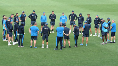 England coach Chris Silverwood addresses his group in Adelaide. 