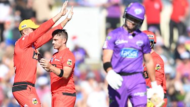 Got him: Cameron Boyce of the Renegades after picking up the wicket of Dárcy Short.