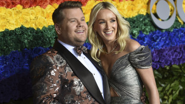 Red card to red carpet ... James Corden in Dolce (with Julia Carey) at the Tony Awards.