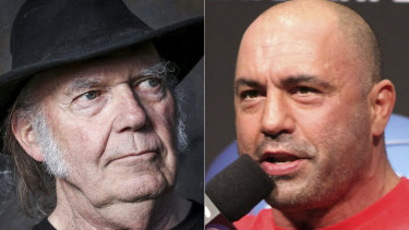 The Canadian star Neil Young, left, has pulled his music from Spotify because of segments on Joe Rogan’s podcast.