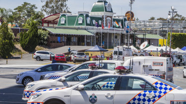 Police cars outside Dreamworld in October 2016, after the tragedy.