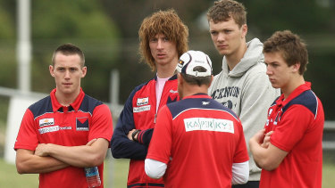 Melbourne’s 2009 recruits meet coaching staff. From left: Tom Scully, Jack Fitzpatrick, Max Gawn and Jack Trengove.