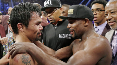Repeat: Manny Pacquiao (left) and Floyd Mayweather after their 2015 fight.