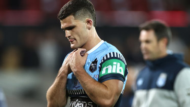 NSW halfback Nathan Cleary is under pressure.