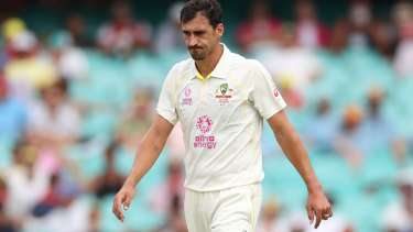 Starc reacts after the non-wicket of Zak Crawley. 