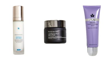 SkinCeuticals Tripetide-R Neck Repair, $225. Perricone MD Cold Plasma Plus+ Sub-D/Neck, $192. Prai Ageless Throat and Décolletage Serum, $45.