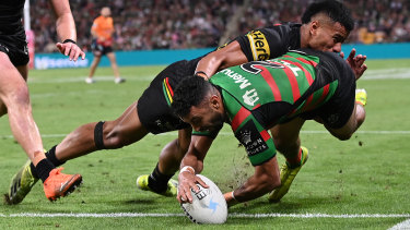 Alex Johnston goes over for a try in the grand final against the Panthers – his 30th of the 2021 season.