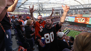 Fans cheer during the first half of Super Bowl LVI between the Los Angeles Rams and the Cincinnati Bengals at Los Angeles’ SoFi Stadium in February.