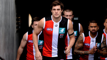 Jack Steele leads the Saints out during the round 23 match last season between St Kilda and Fremantle at Blundstone Arena.