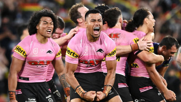 Brian To’o and Stephen Crichton celebrate Penrith’s preliminary final win.