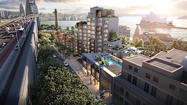 An artist's impression of the planned redevelopment of Sydney's Sirius building, with a new three-storey building containing a pool and gym for residents on the Cumberland Street side. 