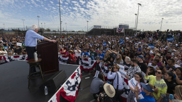 Democratic presidential candidate Senator Bernie Sanders speaks at a campaign event at Valley High School in Santa Ana, California.