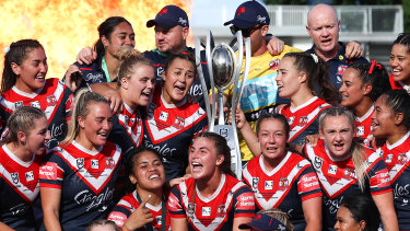 The Roosters celebrate their NRLW premiership win in April.