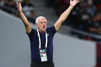 Graham Arnold reacts during the Socceroos’ clash with Peru.