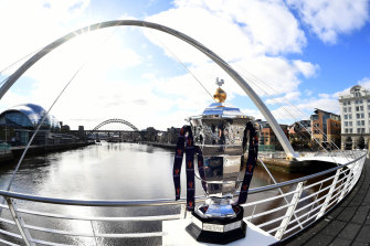 The trophy up for grabs in the 2021 Rugby League World Cup.