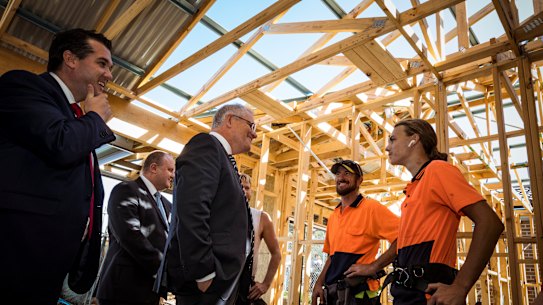 Prime Minister Scott Morrison, Housing Minister Michael Sukkar MP meet builders in Officer in February. Mr Sukkar says the Morrison government was doing more in the social  and affordable housing space than any other federal government before it.