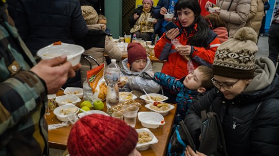 People fleeing from Mariupol, Ukraine, arrive to the registration center in Zaporizhzhia, Ukraine.