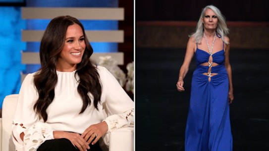Meghan Markle on The Ellen Show in Oscar de la Renta and a model on the Melbourne Fashion Week runway in Nicola Finetti.