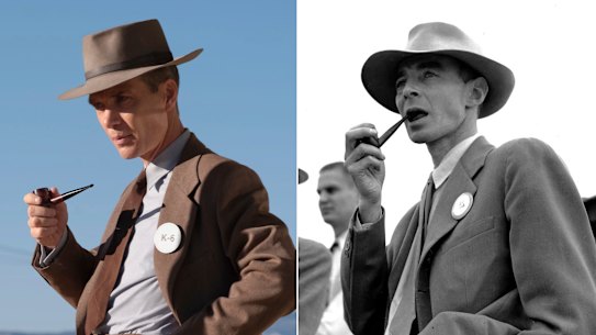 s Cillian Murphy as Dr. J. Robert Oppenheimer in a scene from “Oppenheimer,” left, and physicist Dr. J. Robert Oppenheimer on  the test ground for the atomic bomb in 1945.