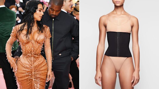 Kim Kardashian, left, at the 2019 Met Gala; Kardashian’s underwear brand SKIMS began selling a waist trainer in 2019.
