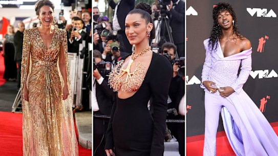 The red carpet top 10 of 2021. Catherine, Duchess of Cambridge in Jenny Packham; Bella Hadid in Schiaparelli; Lil Nas X in Versace.